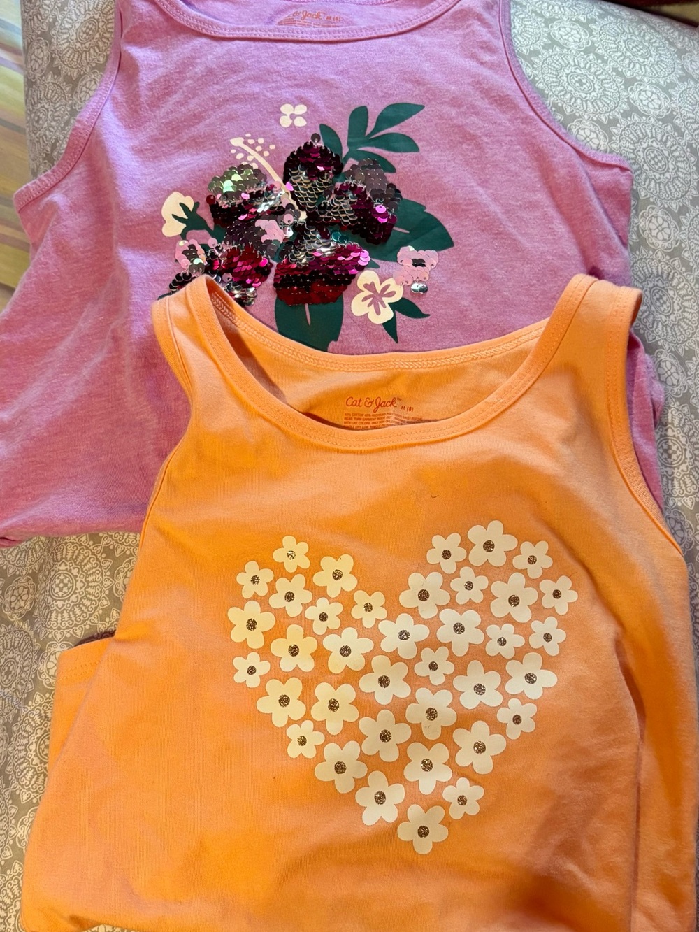 Cat & Jack Pink Sequin Floral Tank and Orange Floral Heart Tank - 2-Pack